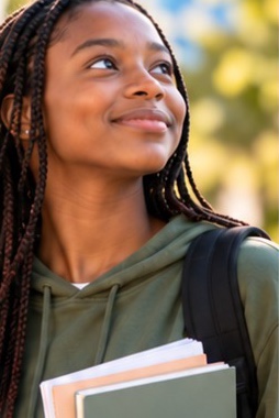 A student carrying folders, looking up and smiling